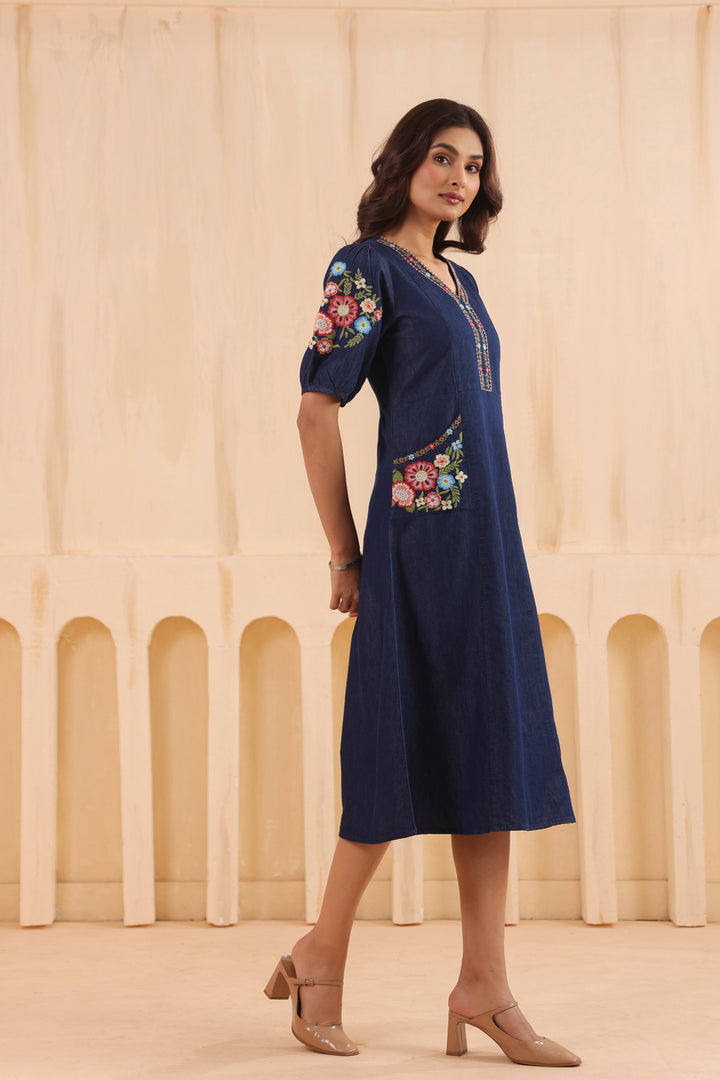 Denim Dark Blue Embroidered Designer Dress