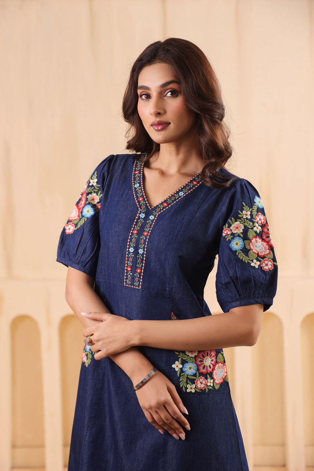Denim Dark Blue Embroidered Designer Dress