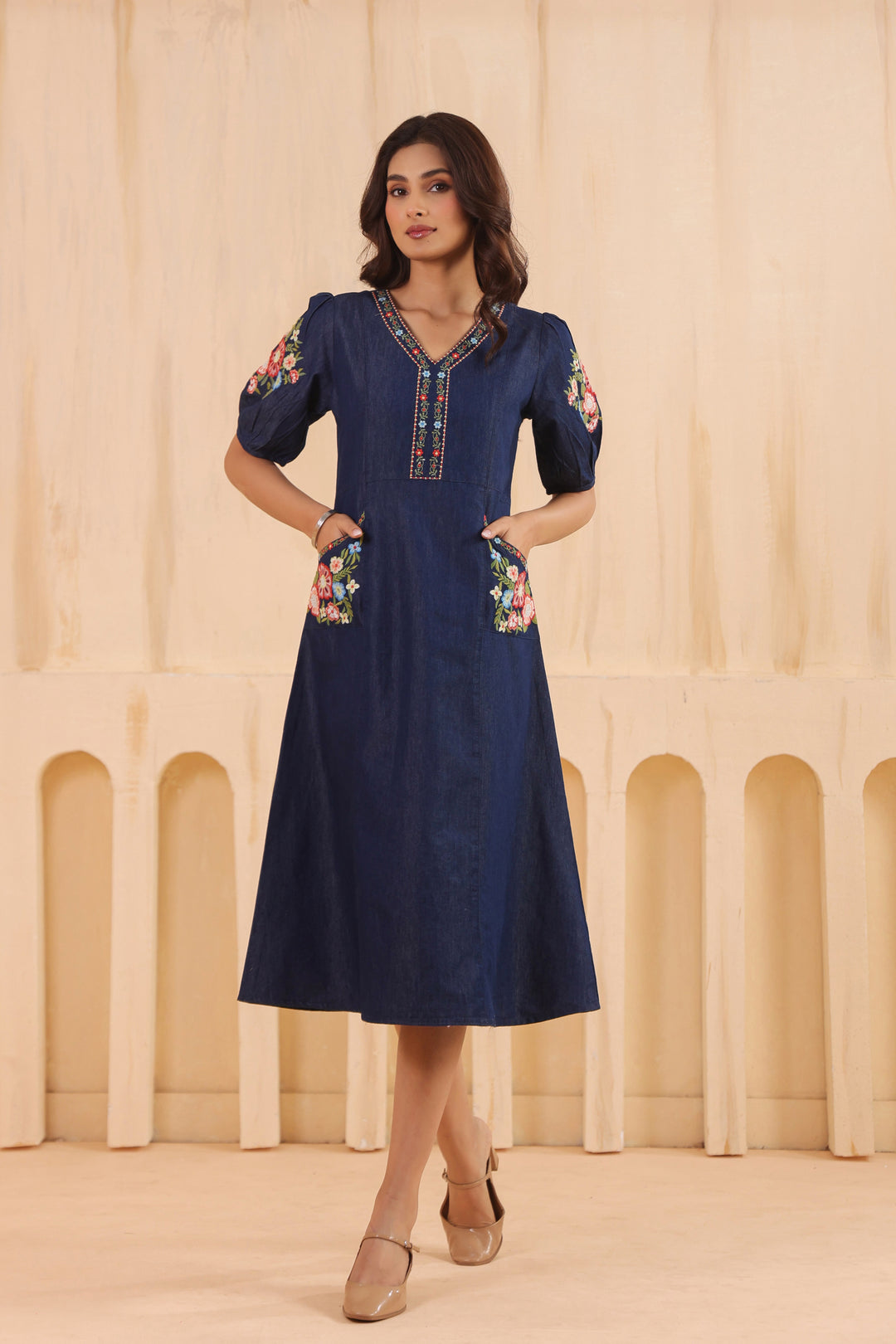 Denim Dark Blue Embroidered Designer Dress