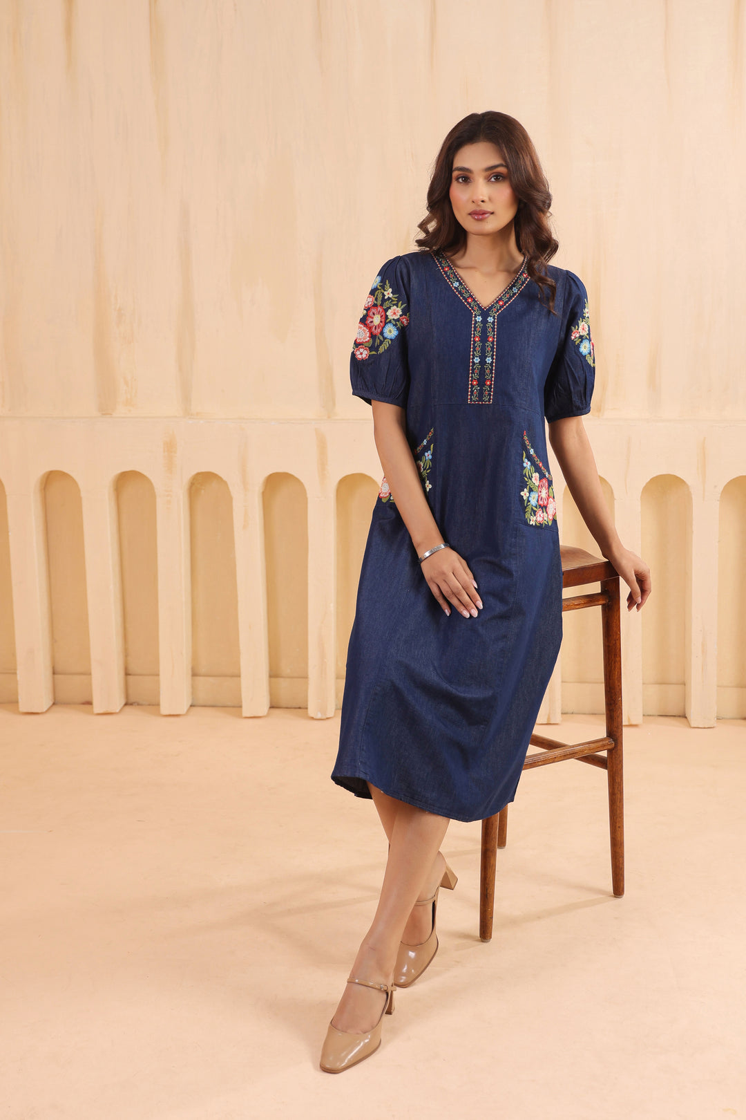 Denim Dark Blue Embroidered Designer Dress
