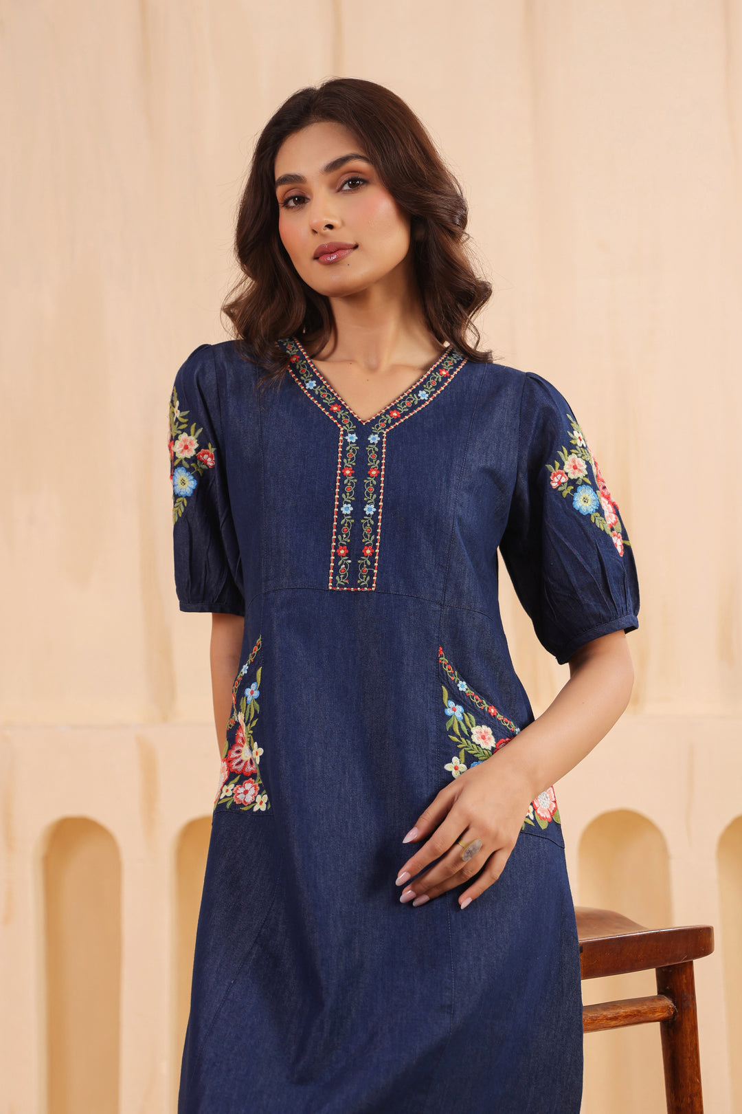 Denim Dark Blue Embroidered Designer Dress