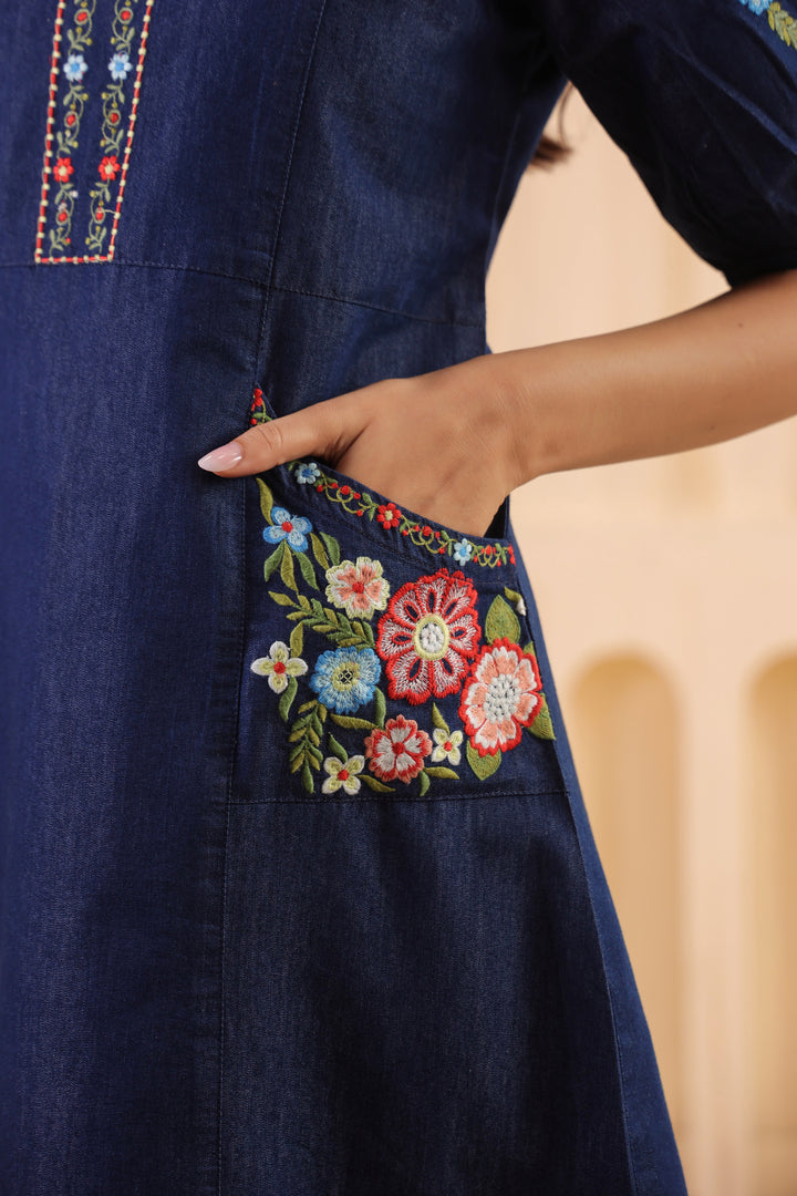 Denim Dark Blue Embroidered Designer Dress