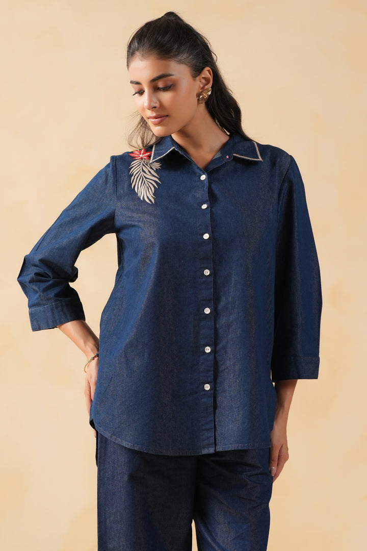 Dark Blue Denim Embroidered Shirt Top