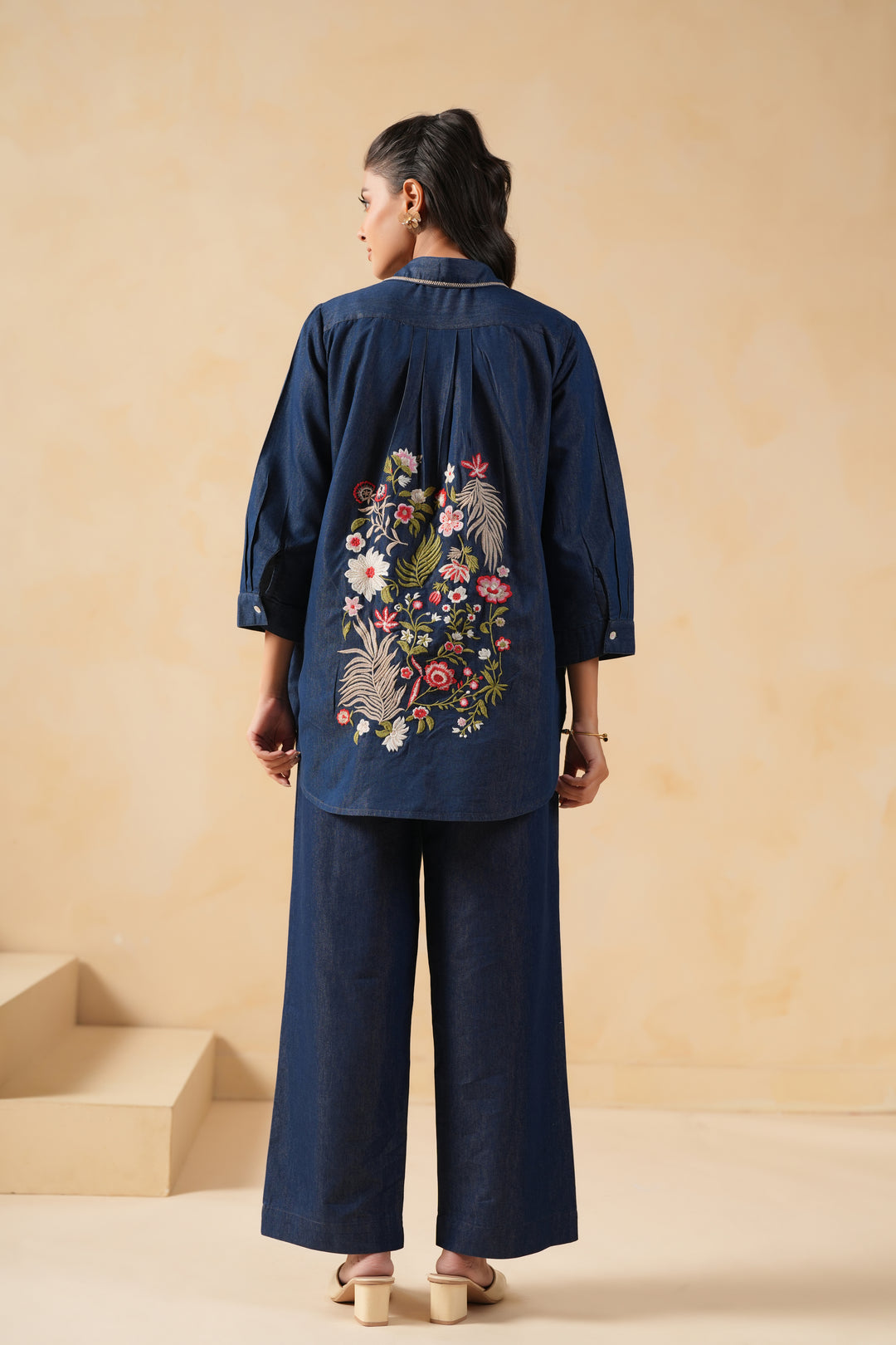 Dark Blue Denim Embroidered Shirt Top