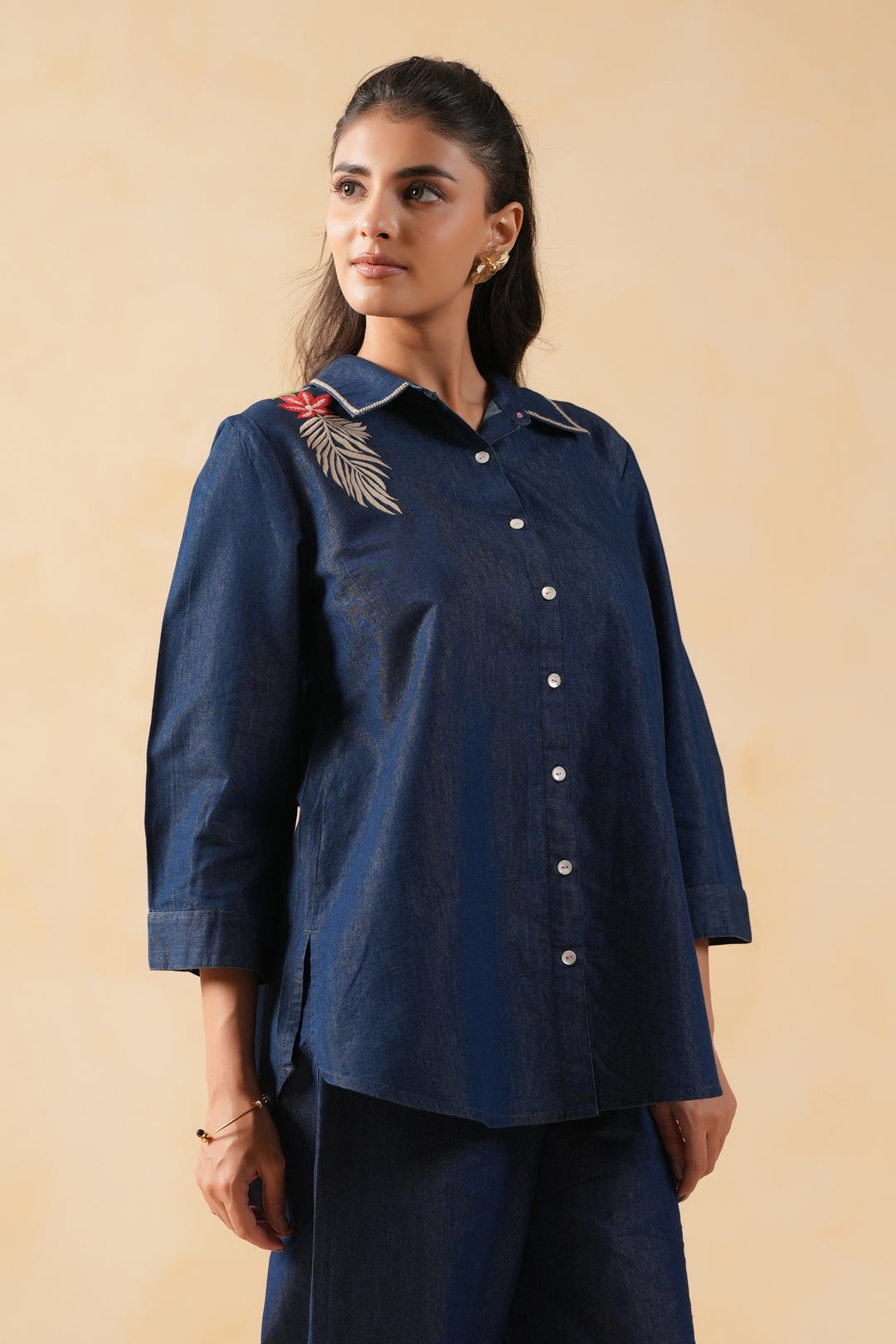 Dark Blue Denim Embroidered Shirt Top