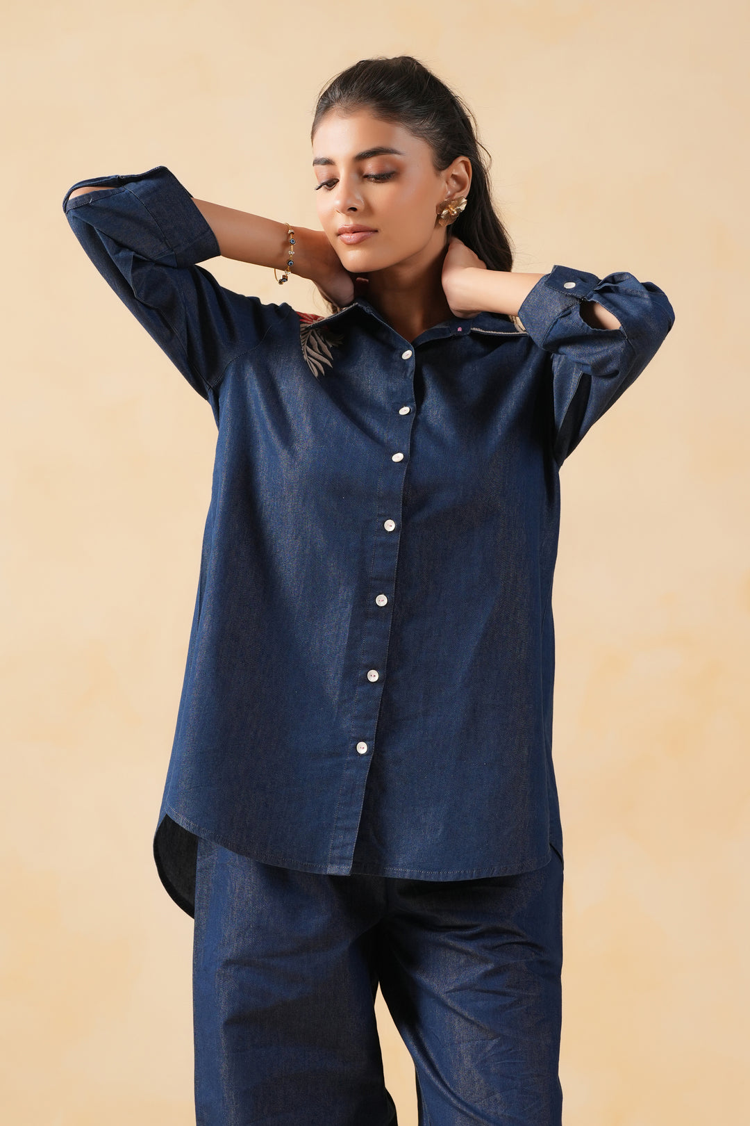 Dark Blue Denim Embroidered Shirt Top