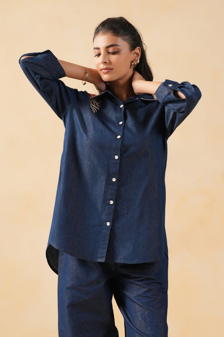 Dark Blue Denim Embroidered Shirt Top