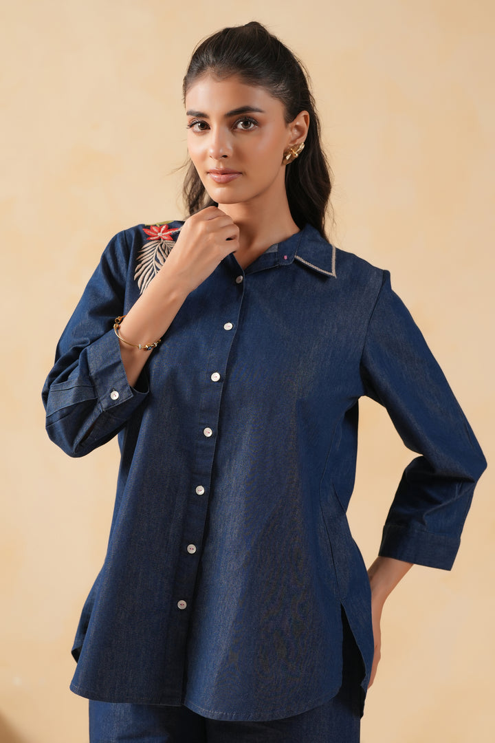 Dark Blue Denim Embroidered Shirt Top