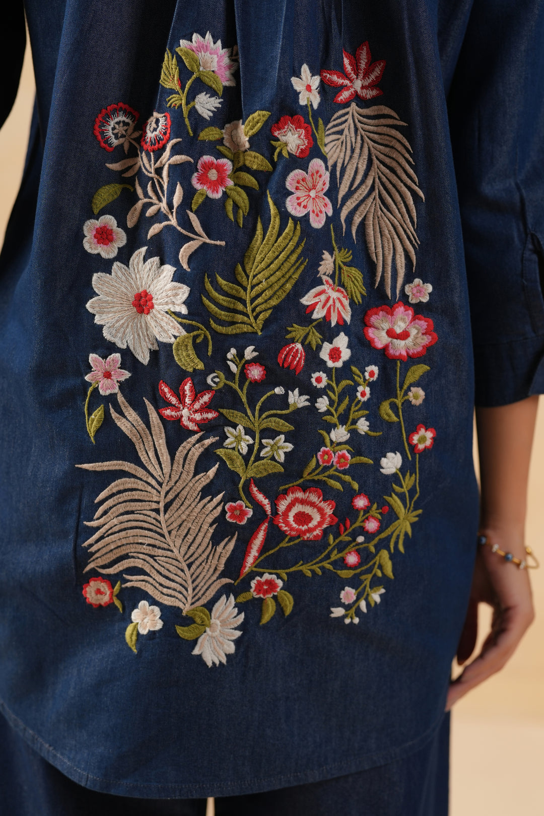 Dark Blue Denim Embroidered Shirt Top