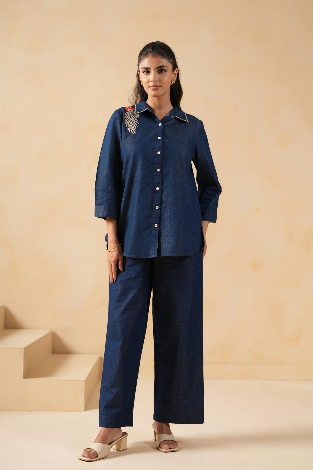 Dark Blue Denim Embroidered Shirt Top