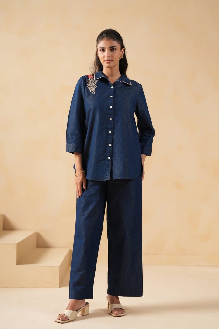 Dark Blue Denim Embroidered Shirt Top