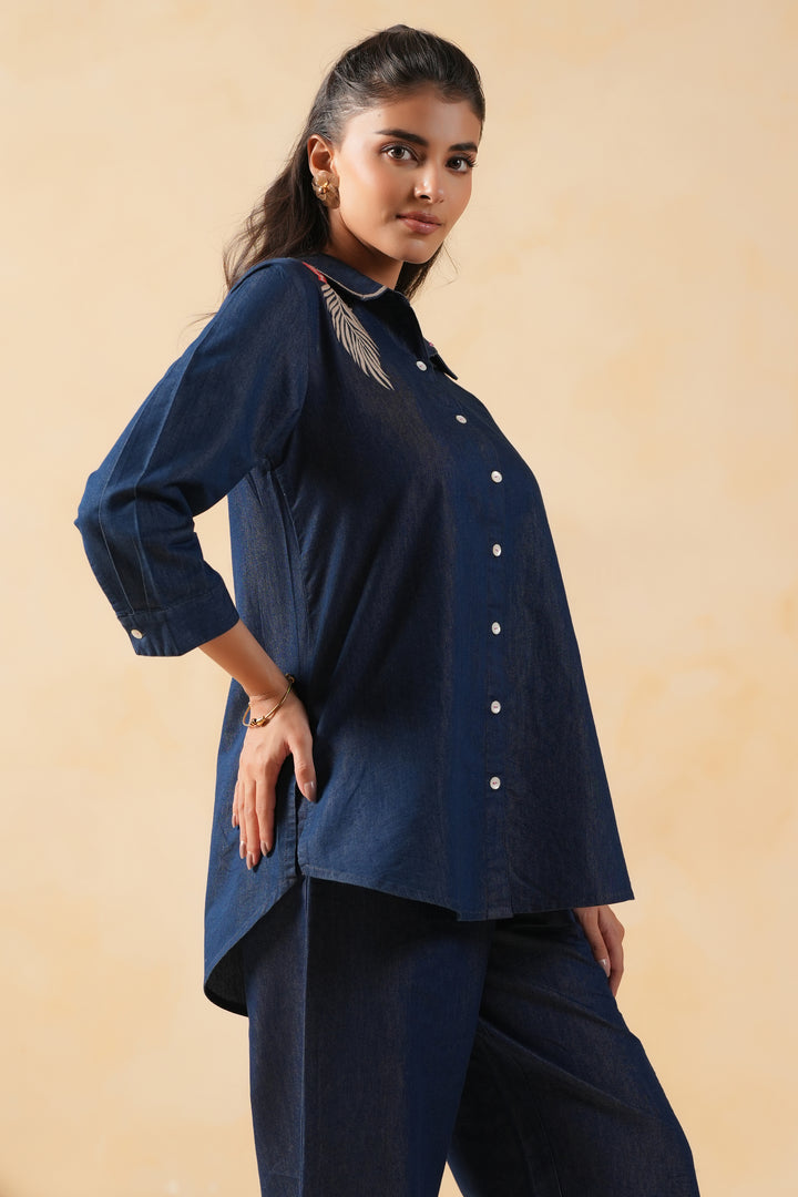 Dark Blue Denim Embroidered Shirt Top