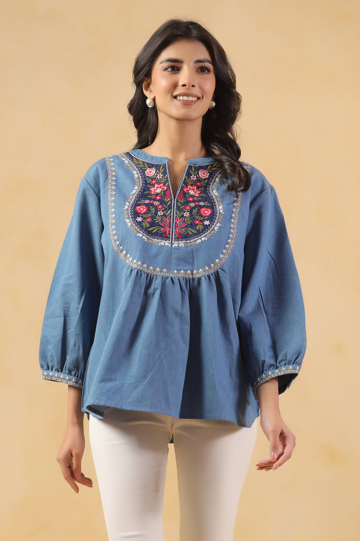 Blue Denim Embroidered Designer Top