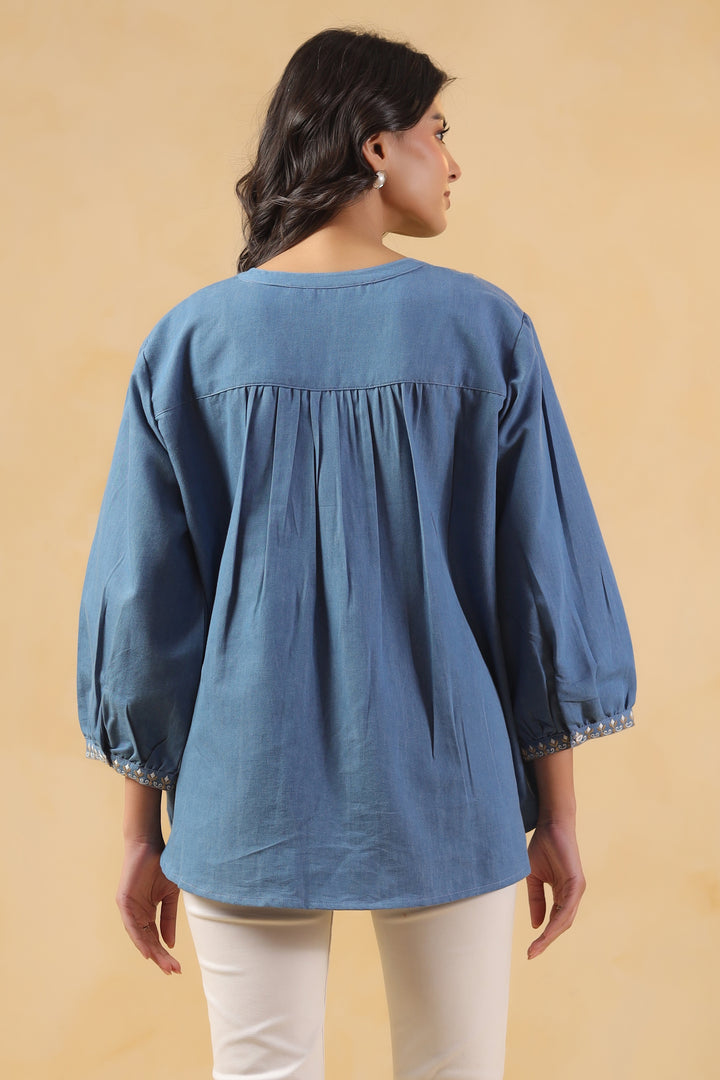 Blue Denim Embroidered Designer Top