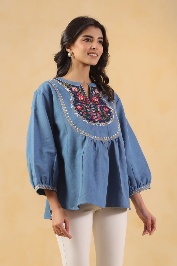 Blue Denim Embroidered Designer Top