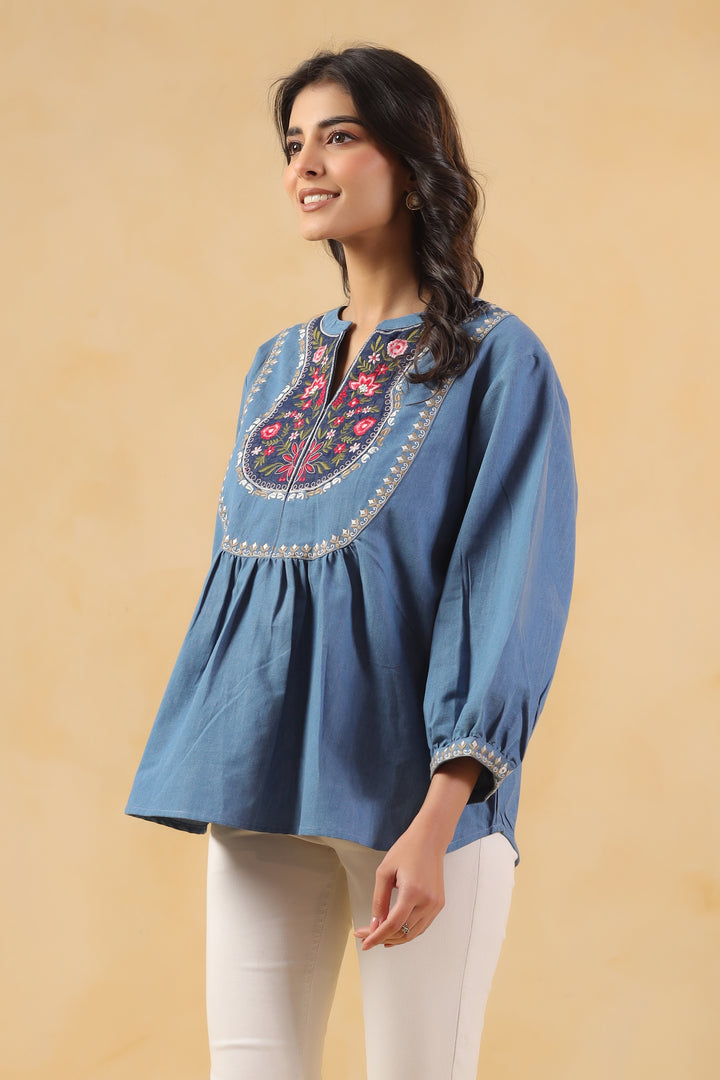 Blue Denim Embroidered Designer Top