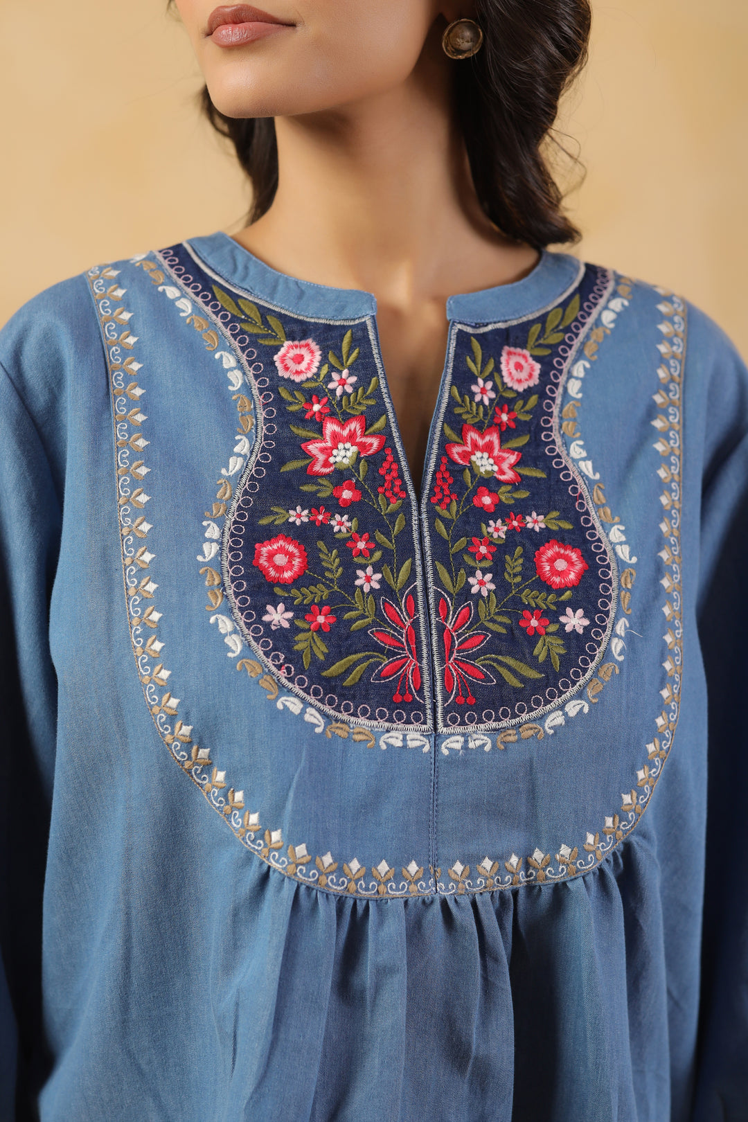 Blue Denim Embroidered Designer Top