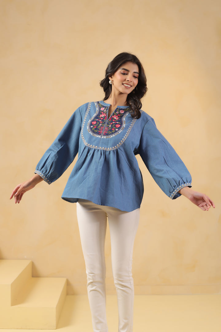 Blue Denim Embroidered Designer Top