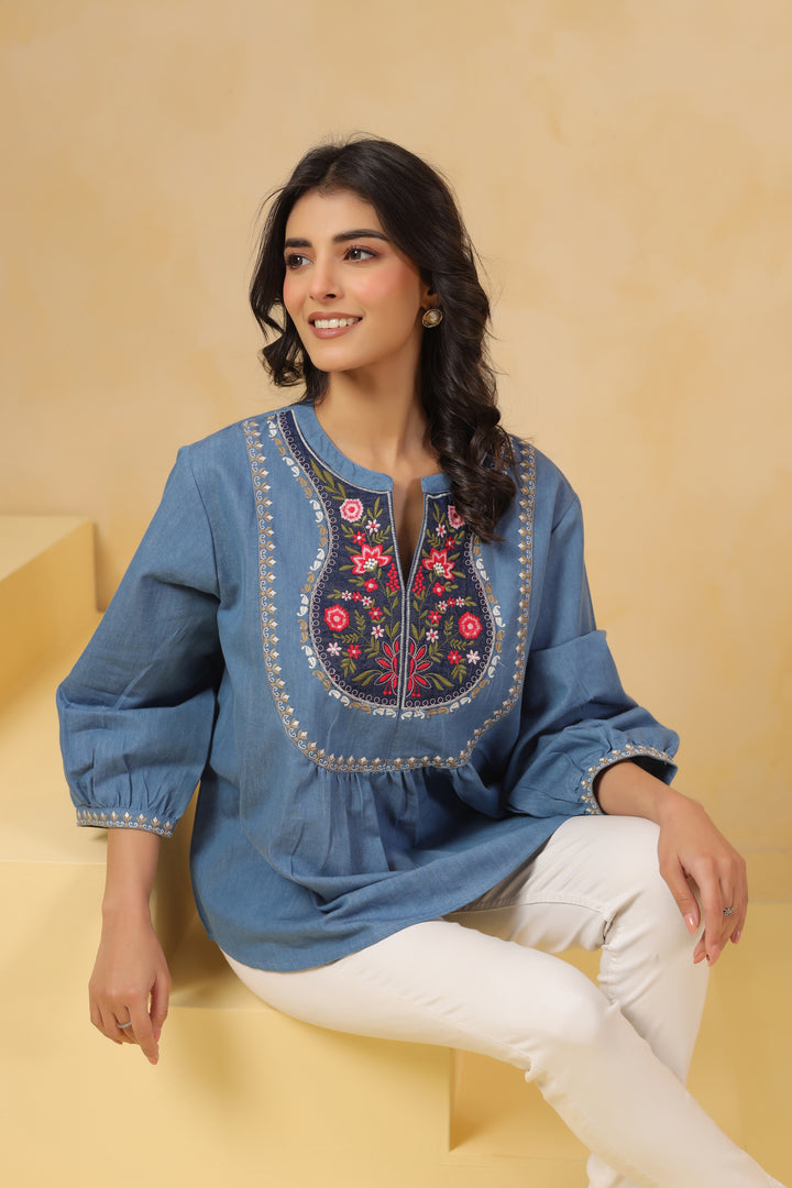 Blue Denim Embroidered Designer Top