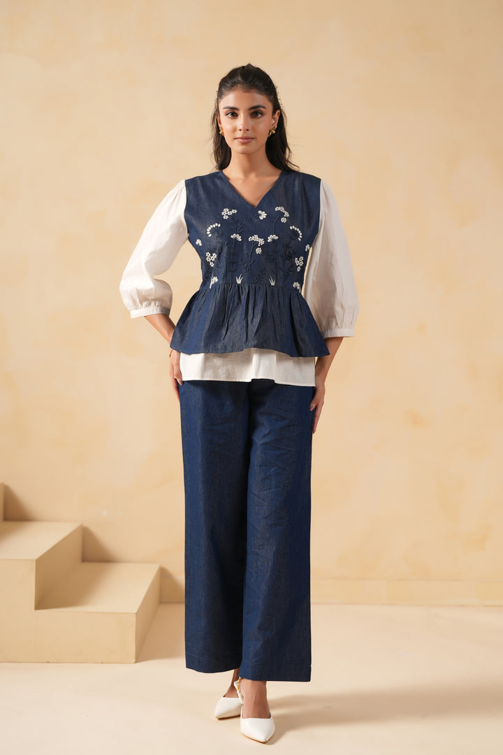 Denim Blue & White Embroidered Designer Top