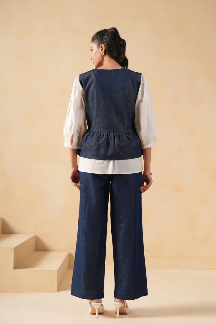 Denim Blue & White Embroidered Designer Top