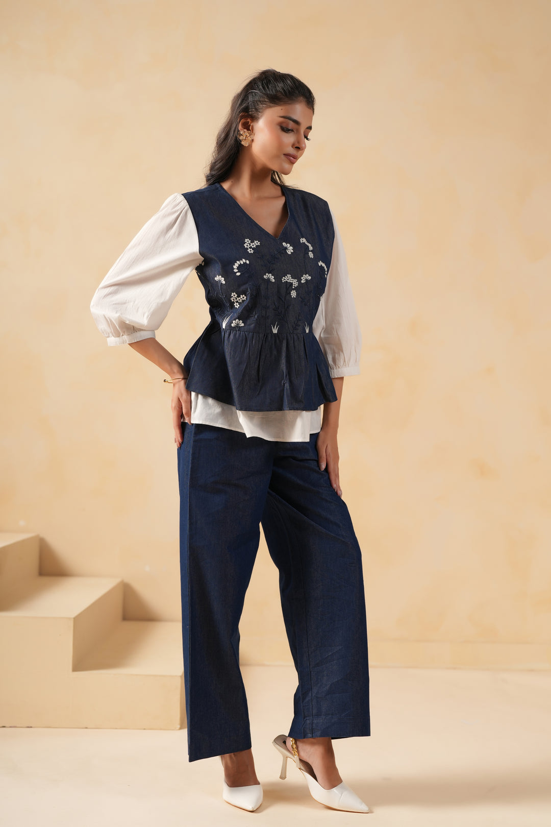 Denim Blue & White Embroidered Designer Top