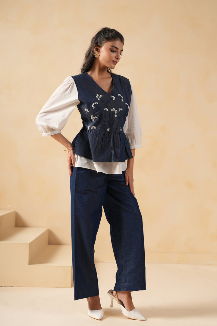 Denim Blue & White Embroidered Designer Top