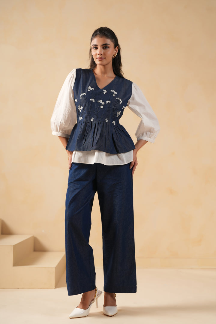 Denim Blue & White Embroidered Designer Top