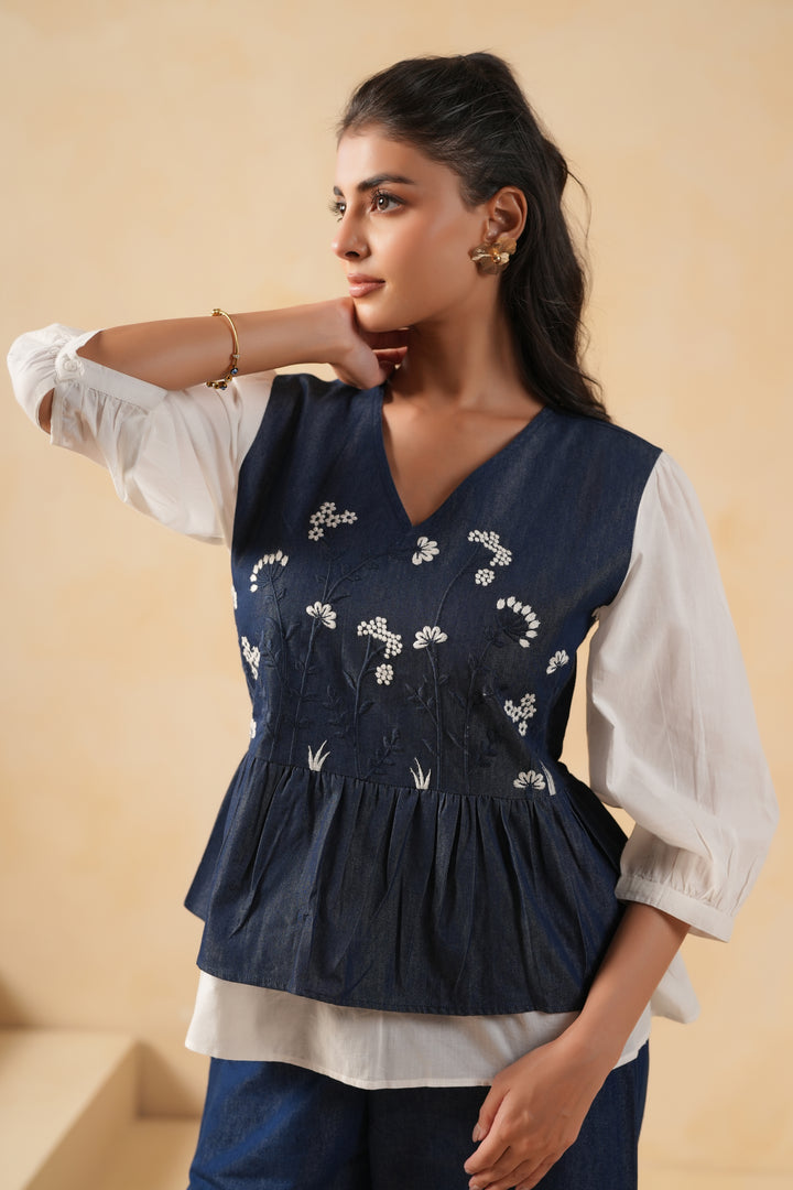 Denim Blue & White Embroidered Designer Top