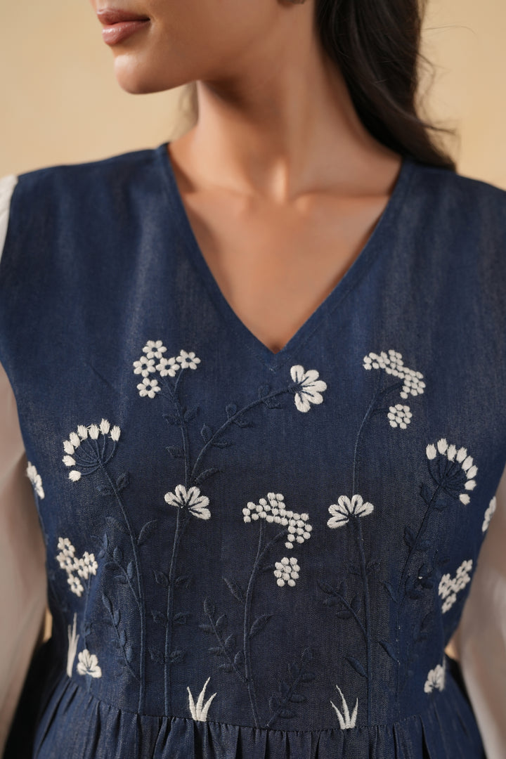 Denim Blue & White Embroidered Designer Top
