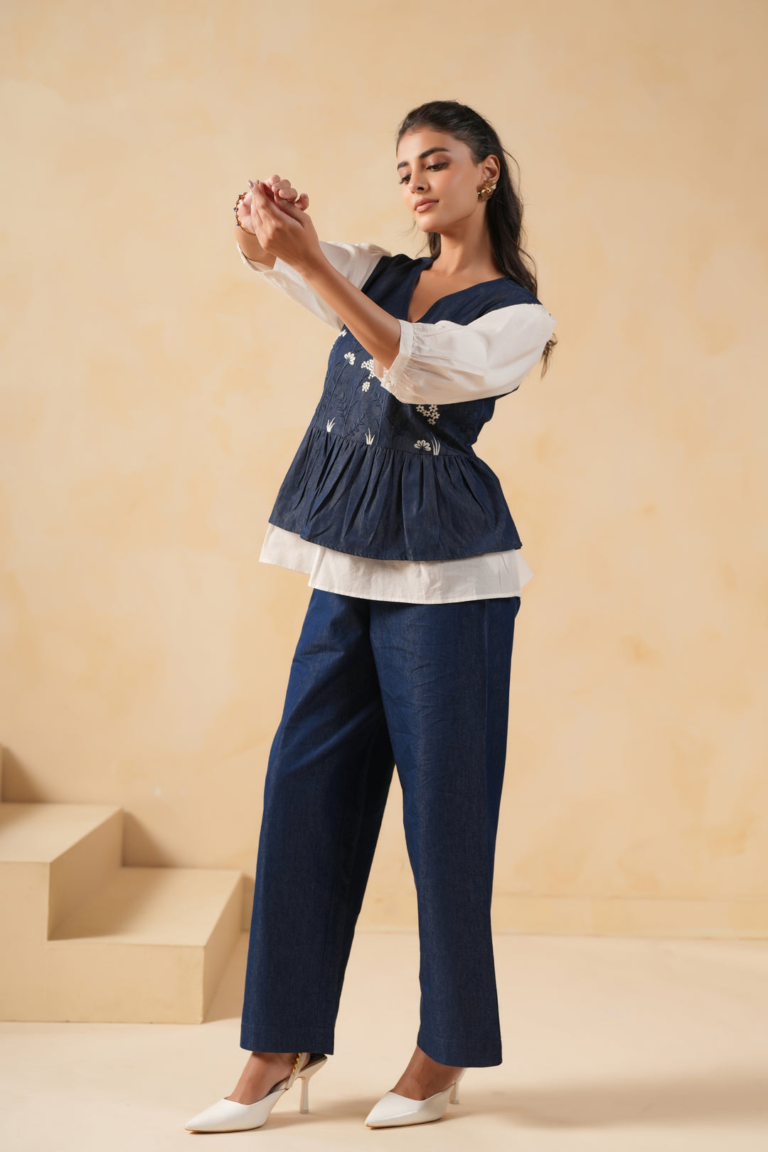 Denim Blue & White Embroidered Designer Top