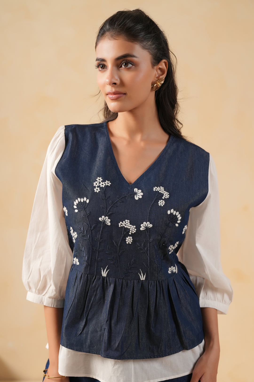 Denim Blue & White Embroidered Designer Top