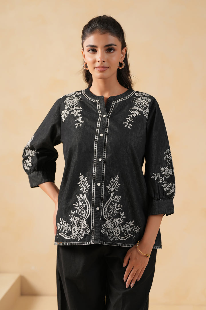 Black Denim Embroidered Designer Top