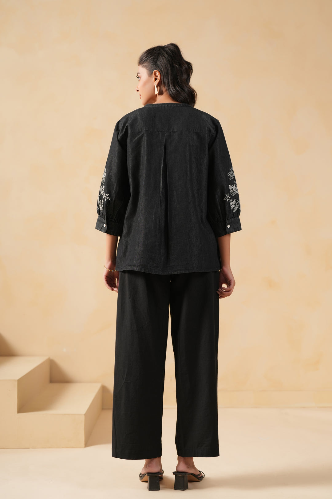 Black Denim Embroidered Designer Top