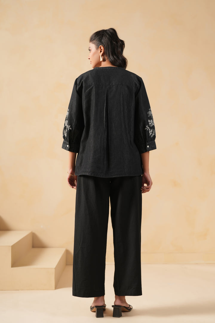 Black Denim Embroidered Designer Top