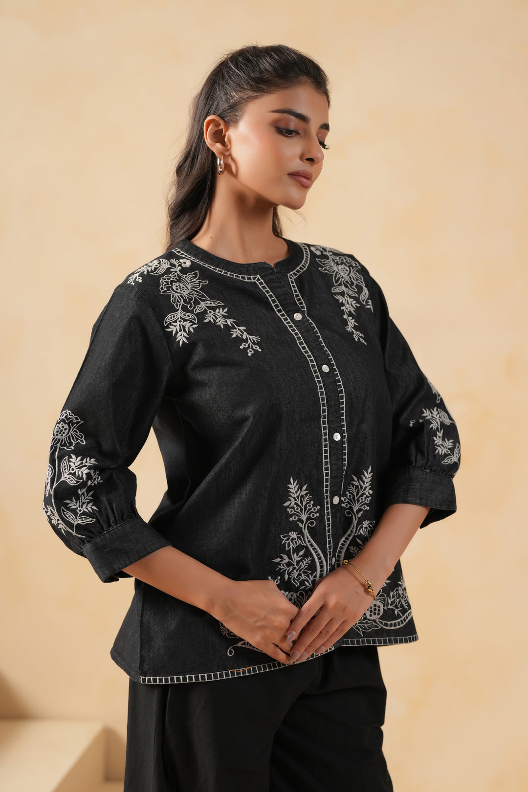 Black Denim Embroidered Designer Top