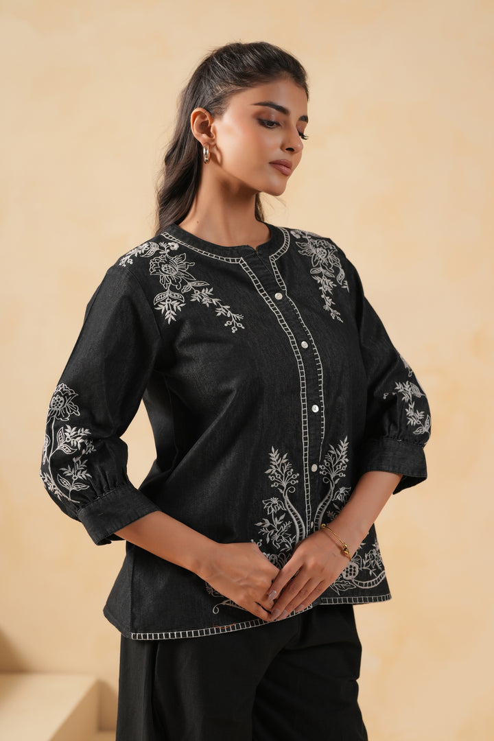 Black Denim Embroidered Designer Top