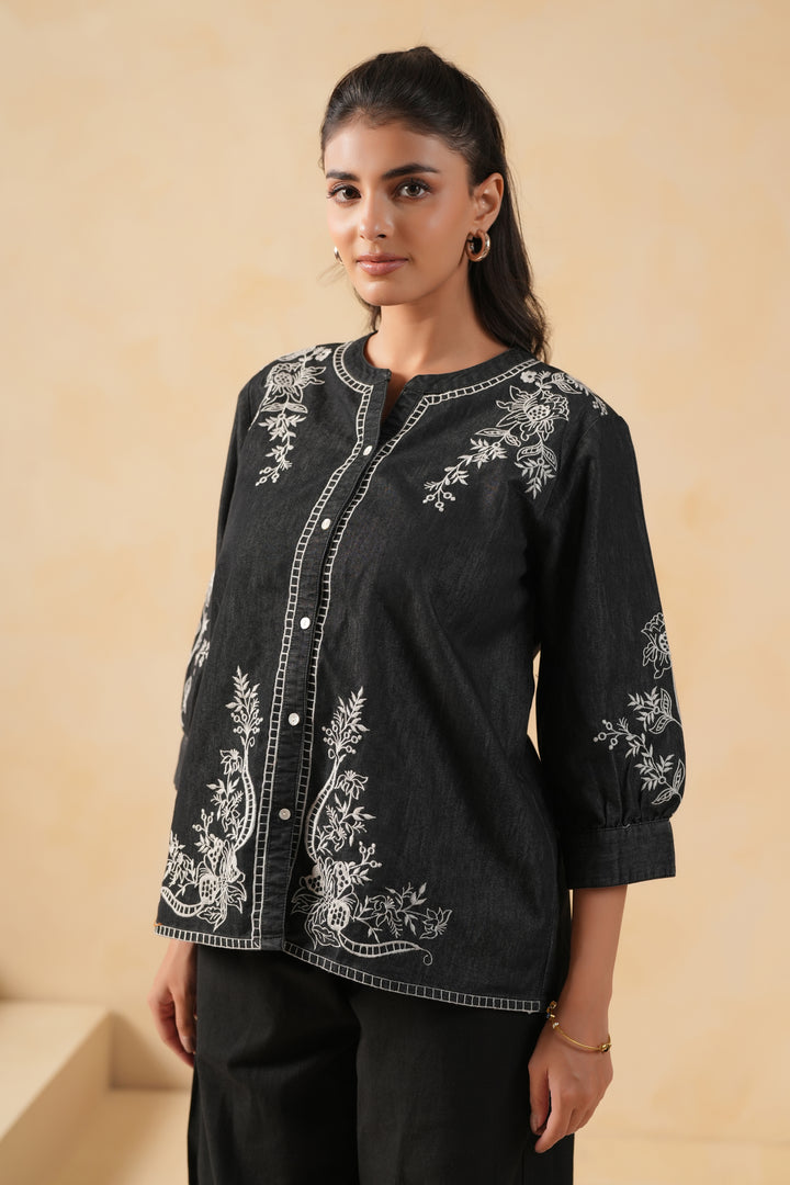 Black Denim Embroidered Designer Top