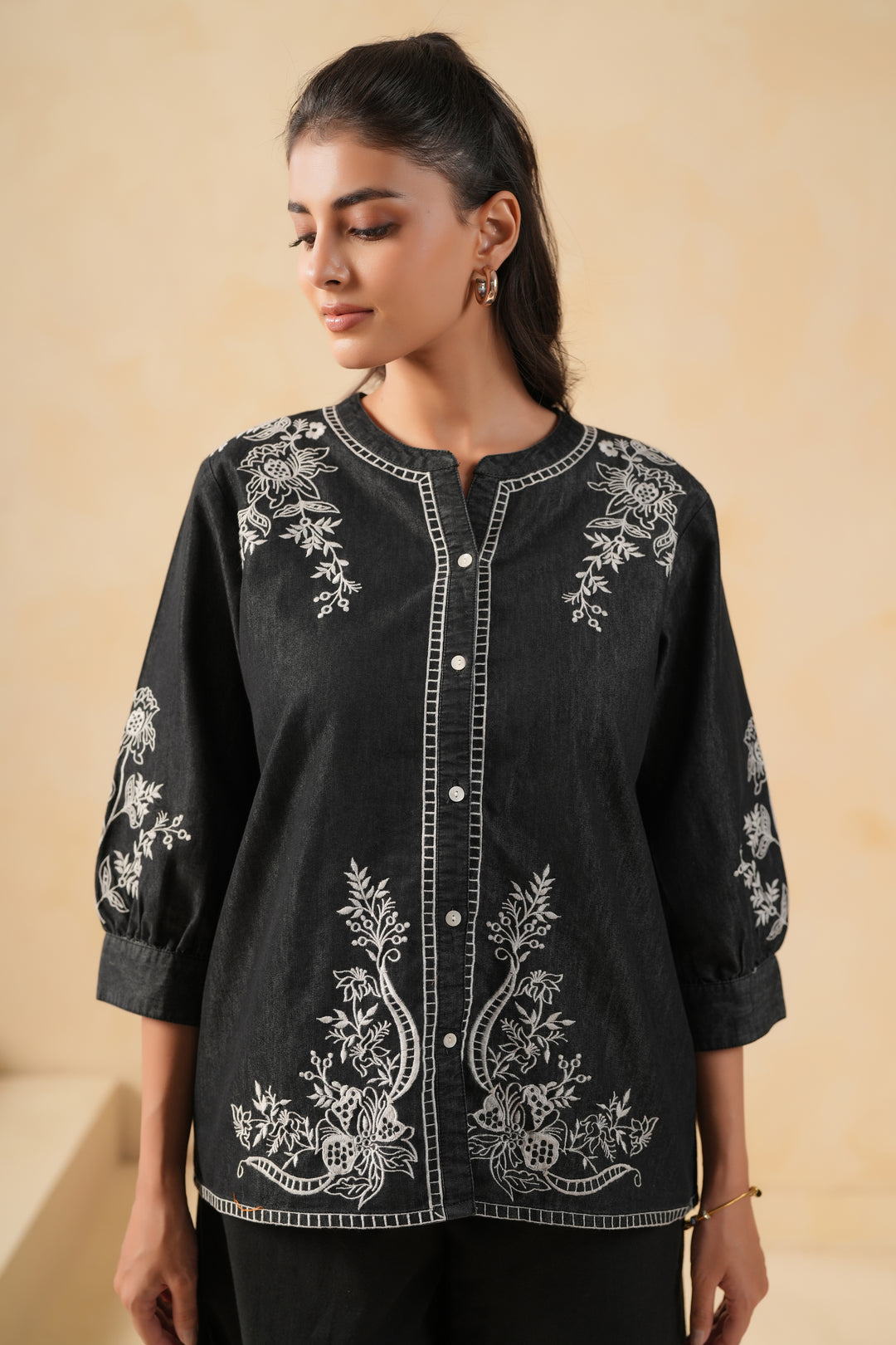 Black Denim Embroidered Designer Top