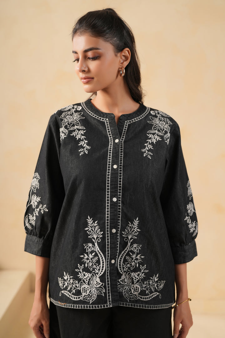 Black Denim Embroidered Designer Top