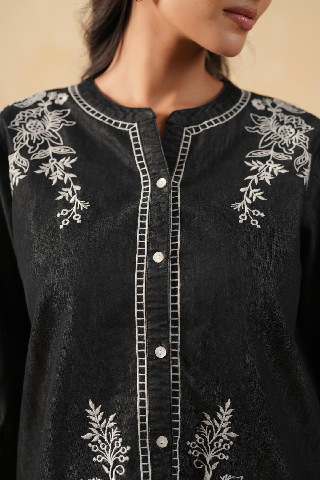 Black Denim Embroidered Designer Top