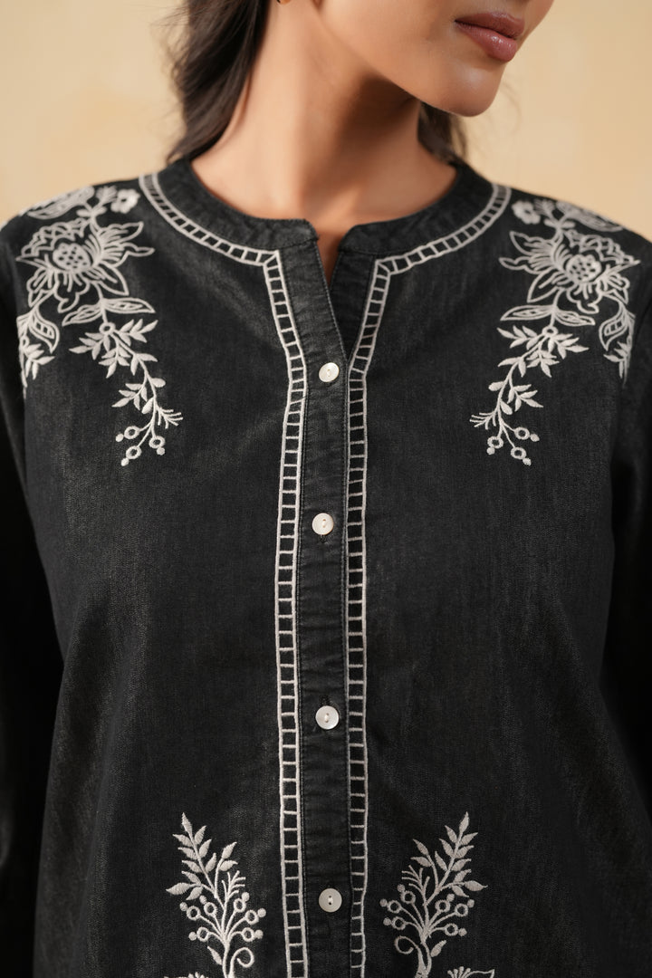 Black Denim Embroidered Designer Top