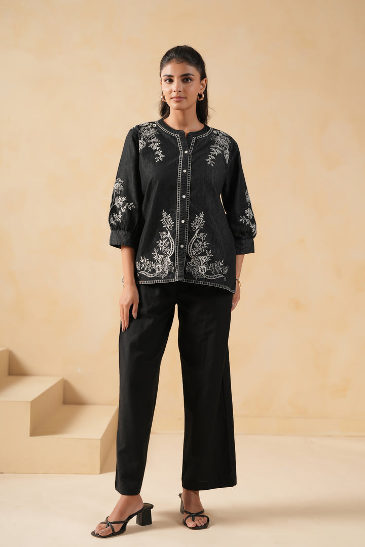 Black Denim Embroidered Designer Top