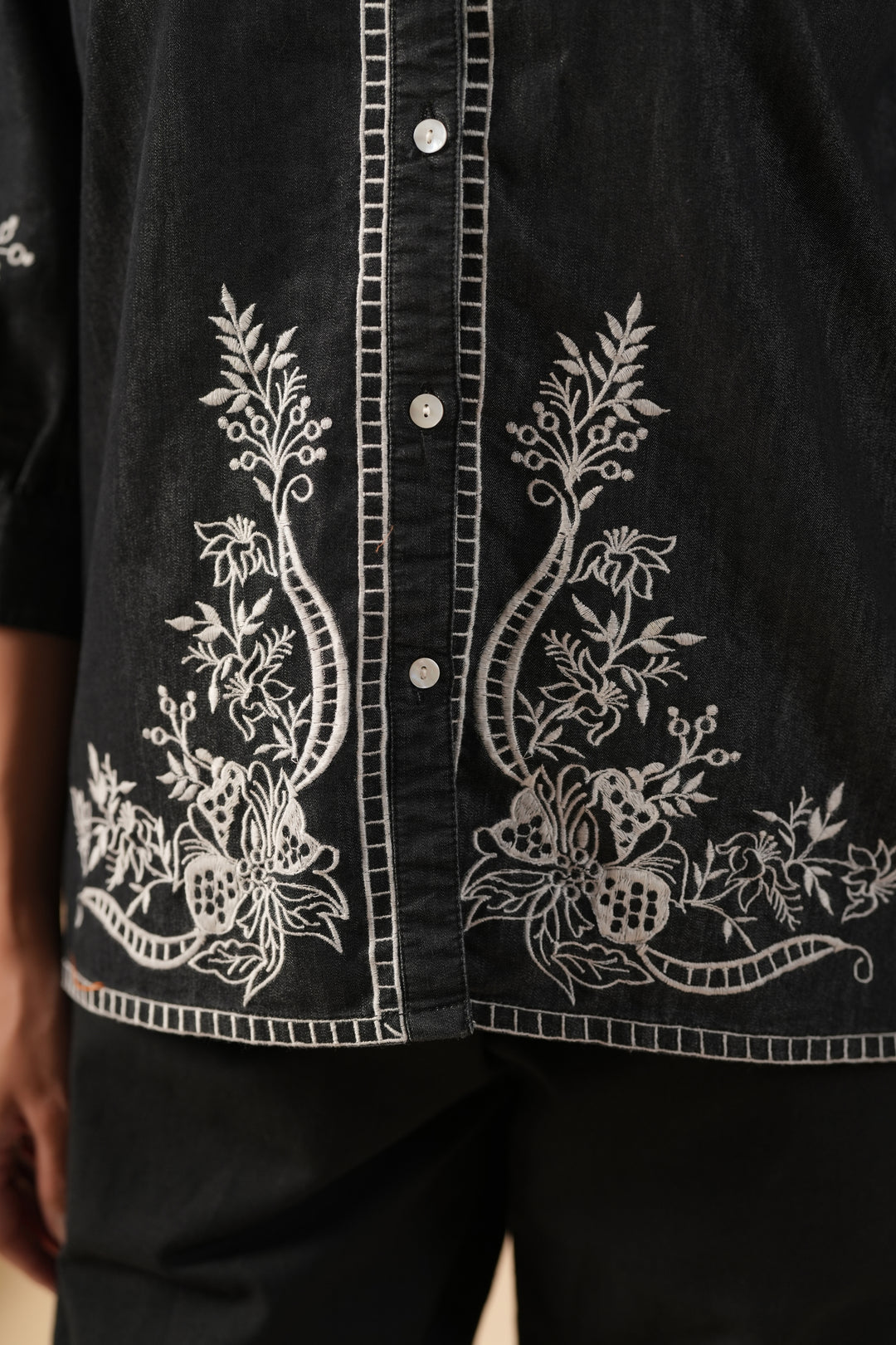 Black Denim Embroidered Designer Top