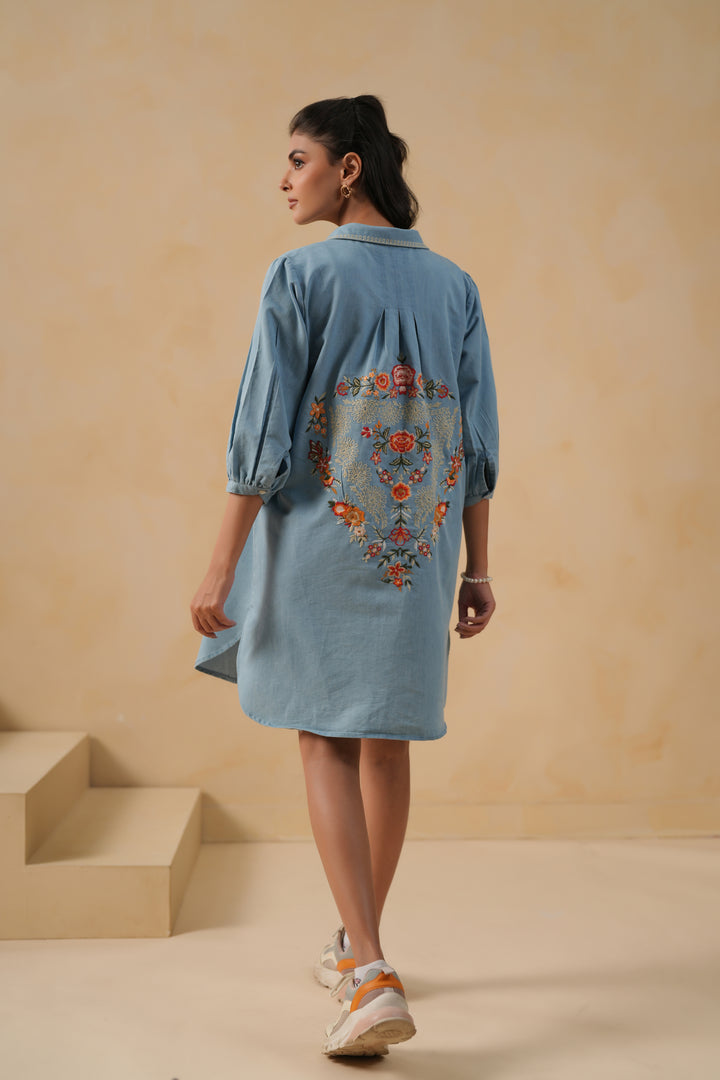 Dark Blue Denim Embroidered Designer Kurta