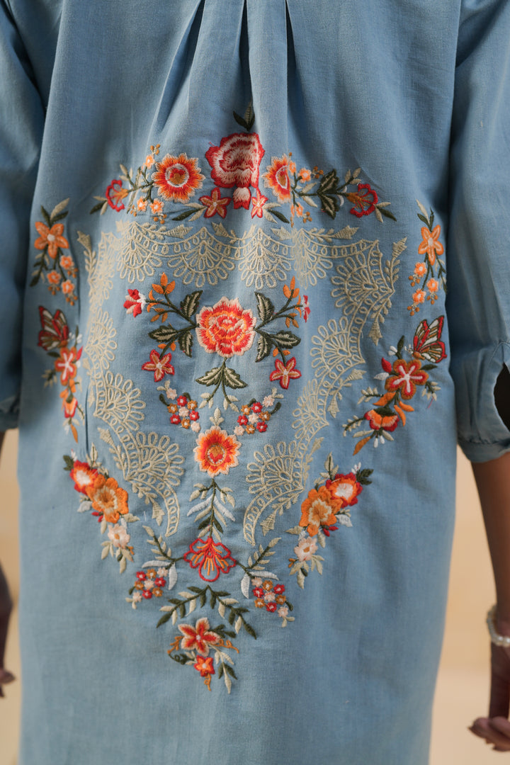 Dark Blue Denim Embroidered Designer Kurta