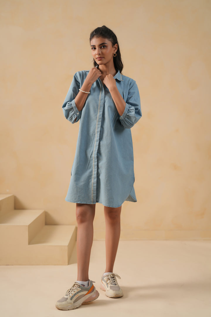 Dark Blue Denim Embroidered Designer Kurta