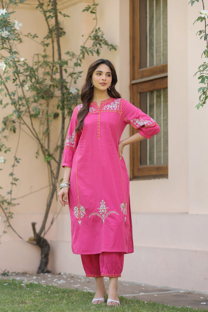 Pink Cotton Embroidered Designer Kurta Salwar Set