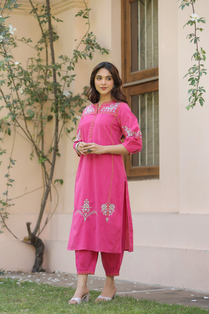 Pink Cotton Embroidered Designer Kurta Salwar Set