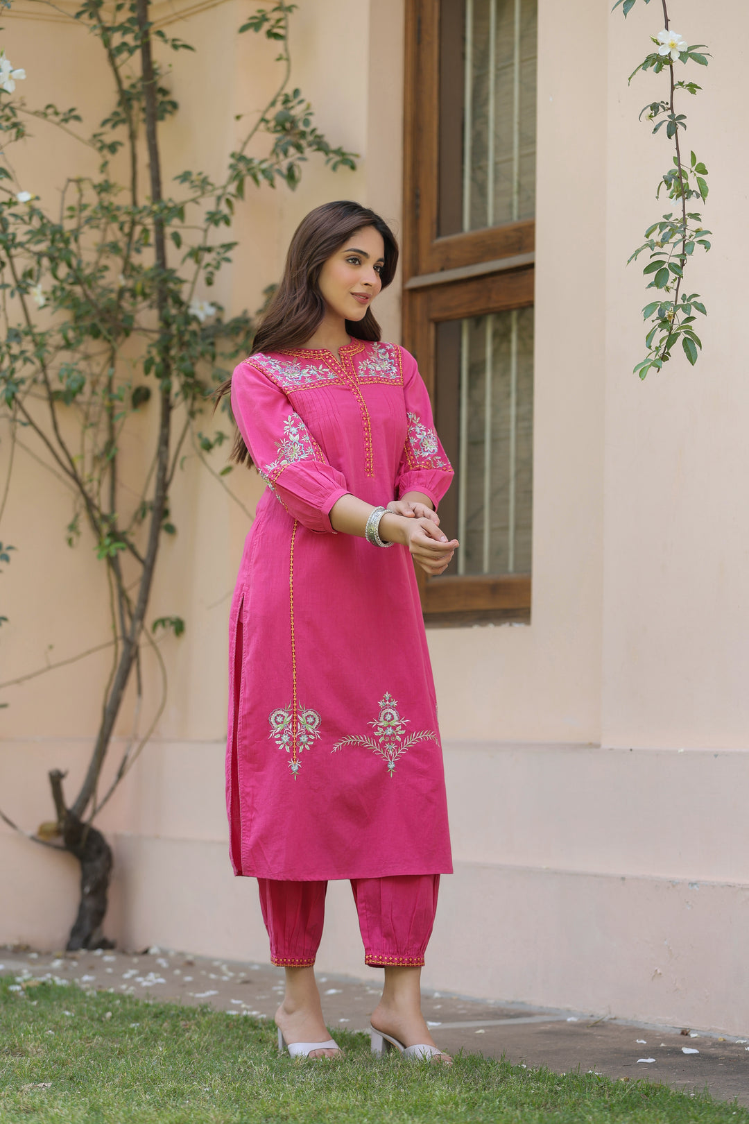 Pink Cotton Embroidered Designer Kurta Salwar Set